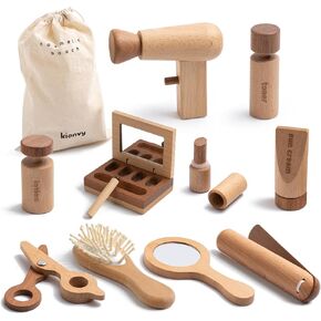 11-Piece Wooden Makeup Toy Set for Girls, Pretend Play Makeup Kit for Toddlers & Kids with Mirror, Lipstick, Hair Straightener & Storage Bag, Christmas Birthday Present for Ages 3-6 Years Old