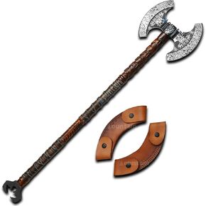 Mountain Mettle | Viking Double Headed Axe Broad Hewing Long Handle Two Handed Cold Steel Real Double Sided Axe – Handmade Collectible Gift Engraved Carvings - LARP Prop