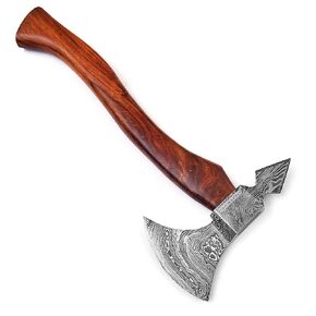 Viking Battle Axe, Camping Axe, 18-IN Wood Handle, Damascus Steel, Dual Sided, Leather Sheath
