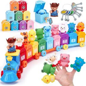 Toddler Learning Toys for 2 3 Year Old Boy - Counting Matching & Sorting Activity Montessori Train Set with Farm Animals, Finger Puppets, Keys to Lock and Unlock Barns, Preschool Toy Birthday Gift