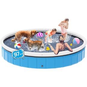 97in Extra Large Foldable Dog Pool, Big Portable Hard Plastic Swimming Pool for Kids, Dogs and Pets Collapsible Dog Bath Tub for Outdoor Backyard, 97" x 13"