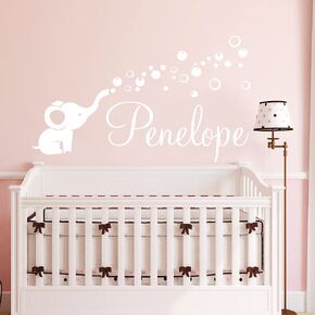 Elephant Wall Decals Name Nursery for Girl. Baby Girl Name Nursery Wall Decor/Personalized Custom Name With Elephant Bubbles Vinyl Wall Art Decal Sticker. Girls Name Nursery Decor vs60