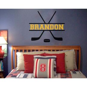 Custom Name Added to Hockey Vinyl Wall Decal Hockey Theme Personalized Removable Sticker Perfect for Above Bed Sports Room 25 Inches Wide by 22 Inches Tall