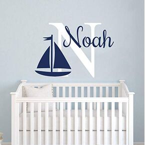 Personalized Boy Name Wall Decal Sailboat Nautical Decor. Monogram Nursery Decor. Baby Name Wall Decor. Sailboat Wall Vinyl Sticker. Custom Name Wall Decals for Boys. Nautical Nursery Wall Decor vs79