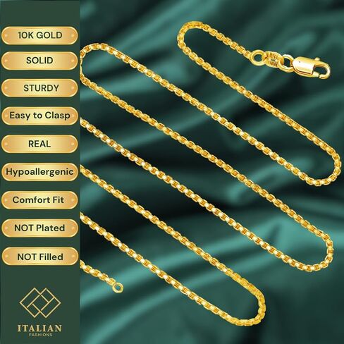 10k REAL SOLID Yellow OR White OR Rose/Pink Gold Solid 0.5mm,0.6mm,0.7mm.0.9MM Box Link Chain Necklace with Lobster Claw Clas and Spring Ring Clasp with jewelry Box in Saudi Arabia