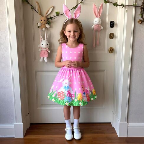 Easter Bunny Dress for Girls Easter Outfit Sleeveless Bunny Tutu Dress with Colored Belt for Easter Sping Party in Saudi Arabia