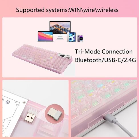 F98pro 95Key Hot-Swappable Mechanical Keyboard with Transparent Keycaps,BT5.0/2.4G/USB-C Mechanical Keyboard with OLED Display,RGB Backlit Gaming Keyboard with Clear Keycaps,4000mAh,Black in Kuwait