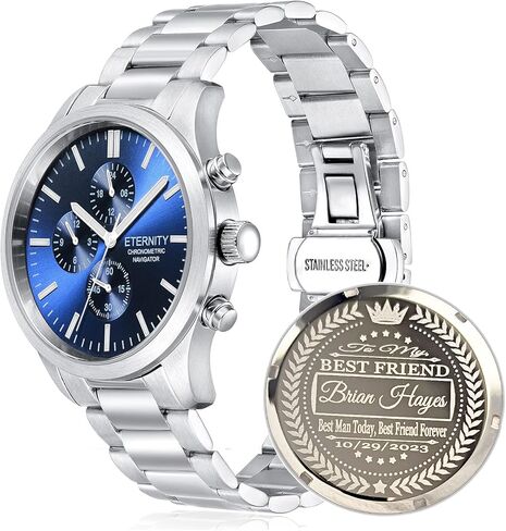 engraved watch. Personalized multi function wrist watch, men's gifts, engraved back cover. (Gold/blue dial) in Saudi Arabia