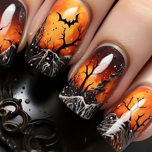 24Pcs Halloween Press on Nails Medium Square Fake Nails with Bat Forest Designs Orange Flame False Nails Acrylic Stick on Nails Full Cover Glue on Nails for Women Holiday Manicure Art in Kuwait