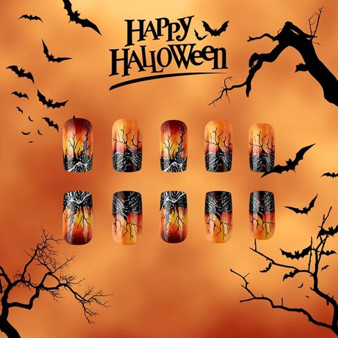 24Pcs Halloween Press on Nails Medium Square Fake Nails with Bat Forest Designs Orange Flame False Nails Acrylic Stick on Nails Full Cover Glue on Nails for Women Holiday Manicure Art in Kuwait