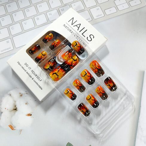 24Pcs Halloween Press on Nails Medium Square Fake Nails with Bat Forest Designs Orange Flame False Nails Acrylic Stick on Nails Full Cover Glue on Nails for Women Holiday Manicure Art in Kuwait