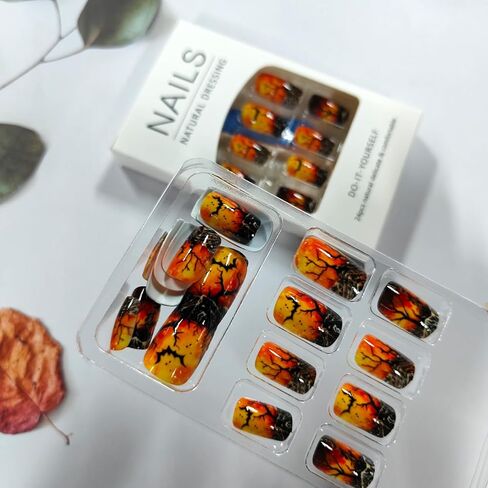 24Pcs Halloween Press on Nails Medium Square Fake Nails with Bat Forest Designs Orange Flame False Nails Acrylic Stick on Nails Full Cover Glue on Nails for Women Holiday Manicure Art in Kuwait