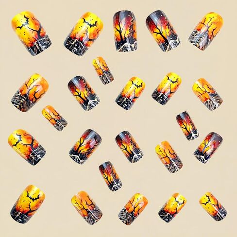 24Pcs Halloween Press on Nails Medium Square Fake Nails with Bat Forest Designs Orange Flame False Nails Acrylic Stick on Nails Full Cover Glue on Nails for Women Holiday Manicure Art in Kuwait