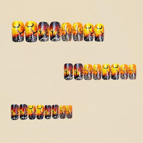 24Pcs Halloween Press on Nails Medium Square Fake Nails with Bat Forest Designs Orange Flame False Nails Acrylic Stick on Nails Full Cover Glue on Nails for Women Holiday Manicure Art in Kuwait
