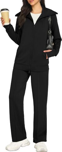 Women's 2 Piece Sweatsuit Sets Lounge Outfits Long Sleeve Double Zipper Sweatshirt Track Pants Casual Tracksuit in Saudi Arabia