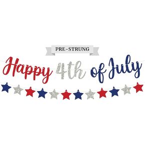 Pre-strung Happy 4th of July Banner - No DIY - Red & Blue with Silver Glitter Fourth of July Banner - Pre-strung Garland on 8 ft Strands - Independence Day Party Decorations & Decor - No DIY