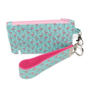 Flamingo Print Wristlet Pouch with Keychain, Mint and Pink, Small Zipper Bag