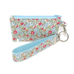 Floral Print Zipper Pouch Wallet with Wrist Strap, Blue and Red Flowers, Keychain Attachment