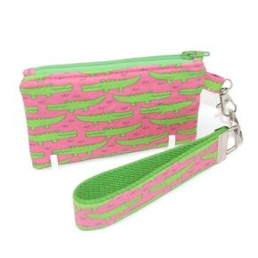 Alligator Print Wristlet Pouch, Pink and Green, Zipper Wallet Card Case with Optional Detachable Keychain Strap