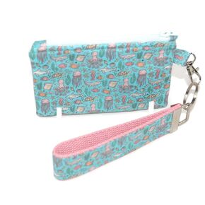 Ocean Sea Life Print Cosmetic Bag with Optional Keychain Wristlet, Turquoise Blue with Marine Animals Pattern, Zippered Pouch