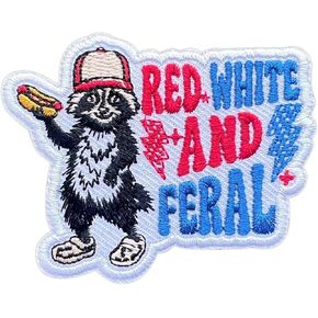 Red White and Feral Raccoon Patch Iron On Embroidery Patch for Backpacks Hats Jeans Bags, Size 3" Sewing Patches, Funny 4th of July Appliques for Clothes, Embroidery Patches, Gift for Patriots