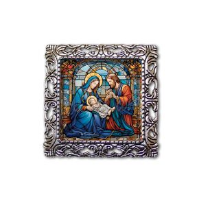 Faux Stainless Glass Motif Nativity Religious Spiritual Manger Handmade Square Glass Baroque Style BROOCH or Pin Jewelry (Antique Silver Tone)