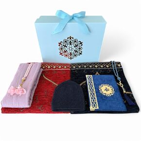 SAIKA 7 Pieces Prayer Rug Set, Prayer Rug Set for Couples & Families, Prayer Beads, Scarf, Muslim Hat, prayer mats & Short Surahs Book, Islamic Gift, Janmaz, Salah mat, Rmadan Gift (BLUE BOX SET)