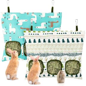 UPINS 2 Hay Bag for Rabbits 3-Hole Hanging Hay Feeder Guinea Pig Hay Bags, Hay Feeder for Rabbits Chinchillas Hamsters Small Pets and Animals