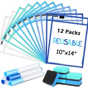 24 Pcs Dry Erase Pocket Reusable Sleeves 10" x 14" Clear Plastic Sheet Protectors with Markers and Mini Dry Erasers for Paper Teacher Classroom(Modern Boho)