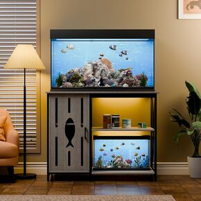 40 Gallon Tank Stand,Aquarium Stand with Cabinet Accessories Storage,Power Outlets & LED Light,Heavy Duty Metal Frame Fish Tank Stand for Turtle Tank,Reptile Terrarium,800lbs Capacity,Grey