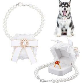 SUPERFINDINGS Pearl Wedding Dog Collar with Ring Box Rings Holder with Pet Rhinestone Couple Rings Bearer Case Cat Collar White Velvet Ring Box Collar for Proposal Engagement Wedding 13inch