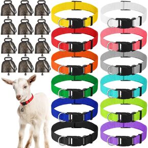 12 Pack Goat Collars with Bells, Cow Horse Sheep Grazing Copper Bells and Adjustable Nylon Collar Set Pet Anti Lost Loud Bronze Bell for Small Farm Animal Goat Sheep Cow Accessories (Fresh Color)