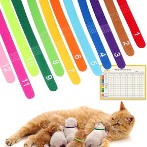 Newborn Puppy Collar Set of 12 with Numbered Tags & Weight Tracker Chart, Soft Adjustable Kitten Collar, Puppy Collars for Litter, Whelping Supplies for Kitten Small Dogs