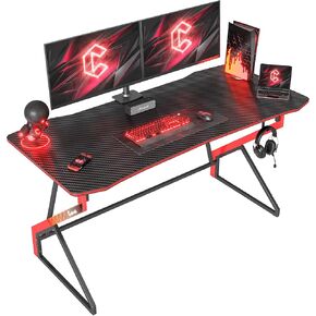 CubiCubi Gaming Desk Z Shaped 47 inch Gamer Workstation, Home Small Computer Carbon Fiber Surface Gaming Desk PC Table with Headphone Hook, Dark Black