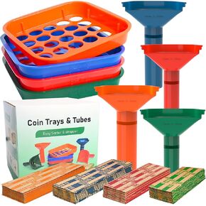 L LIKED Coin Sorter Tray & Coin Sorter Tube - 4 Color Coded Coin Separator Trays and Coin Sorters Tubes Bundle with 100 PCS Coin Wrappers Assorted