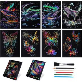 Gersoniel 8 Sheet Scratch Paper Noctilucent Glow in The Dark Rainbow Painting Paper with 4 Tools Engraving Landscape Scratchboard for Teens Adults Arts Gift Sketch Card DIY Creative Craft