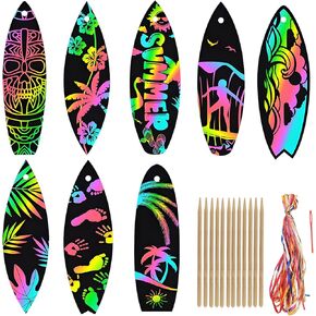 48pcs Summer Surfboard Scratch Cards for Kids,Magic Rainbow Surfing Themed Art Paper Crafts Hanging Ornament for School DIY Activity Birthday Party Decorations Favor Supplies