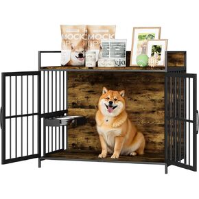 WARCAT Furniture-Style Dog Crate with 360° & Adjustable Raised Feeder for Dogs 2 Stainless Steel Bowls, Indoor Use End Table House, Brown (47" L X 27" W X 43" H)