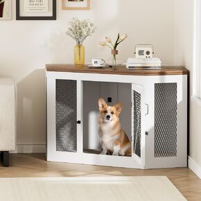 Xilingol Corner Dog Crate Furniture, Wooden Dog Kennel End Table with Mesh, Cage/House for Small Medium Large Dog, Decorative Pet Crate Indoor Use