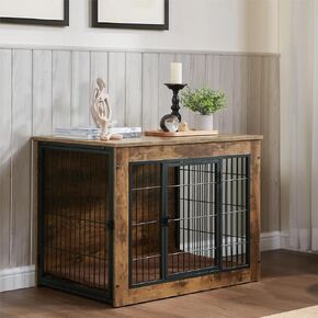 Dog Crate Furniture with Cushion, Wooden Kennel Furniture, 27" Heavy Duty Cage with Double Doors for Small/Medium Dogs, Rustic Brown, S