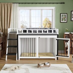 PakaLife Loft-Style Dog Crate Furniture with Double Doors, Heavy Duty Dog Kennel Indoor for Medium and Large Dogs, Wooden Pet House with Multi-Purpose Blanket and Fluffy Dog Bed
