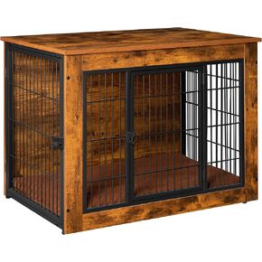 Dog Crate Furniture with Thick Cushion, Side End Table Wooden Dog Cage with Double Doors, Chew-Resistant Dog Kennel Dog House Indoor for Small to Large Dog, L