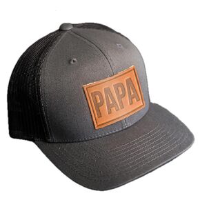 Papa Stamp Leather Patch Trucker Hat - Ox & Pine - Adjustable Snapback, Structured Mid-Profile Design (Cafe, Navy/White)