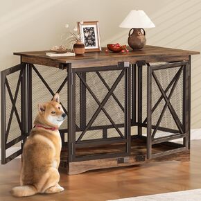 COZPAW Large Dog Crate Furniture - 48 inch Heavy Duty Dog Kennel Indoor for XLarge Breed with Double Doors, Wooden Dog Cage XL Modern Decorative End Table Pet House (Brown)