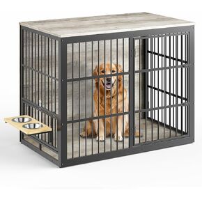 48 '' XXL Dog Crate Furniture مع تغذية دوارة ، طاولة نهاية قفص خشبية كبيرة ، قفص بيت الكلب الداخلي الثقيلة للكلاب المتوسطة إلى الكبيرة ، الرمادي
