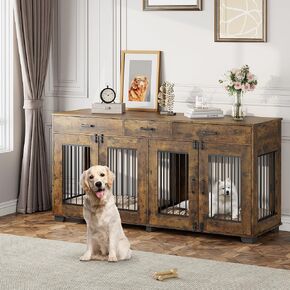 Double Dog Crate Furniture, 71'' Heavy Duty Decorative Dog House with 3 Storage Drawers and Removable Divider for 2 Dogs, Large Dog Kennel Indoor TV Stand Side Table for Medium Large Dogs, Brown