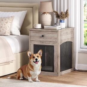HOOBRO Dog Crate Furniture, Dog Kennel with Drawer and Charging Station, Indoor Decorative Puppy House, Wooden Pet Crate End Table for Small Dogs, Rustic Brown and Black BF58UGW03G1