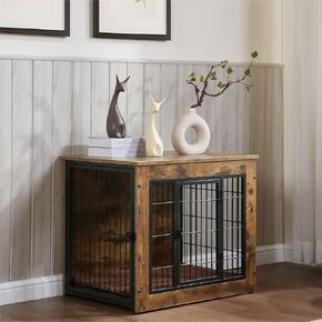 Dog Crate Furniture with Cushion, Wooden Dog Kennel Furniture, Heavy Duty Dog Cage, Dog Crates for Small/Medium Dogs, Rustic Brown