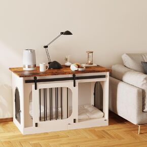 XL Dog Kennel Furniture,39.4 Inch White Crate Furniture with Cushion Decorative Farmhouse Crate Indoor Thick Wooden Pet House End Table Modern Cage Furniture for Small/Medium/Large Dog