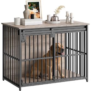 Hoobro Dog Crate Furniture ، 36.6 "CANK CANCH HUSTER مع باب الحظيرة المنزلق ، قفص الكلب الخشبي الداخلي ، الطاولة الجانبية المزخرفة للكلاب الصغيرة/المتوسطة ، GREIGE و GY162GW03G1 in Kuwait